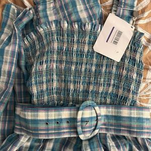 Nicholas NWT Blue Gingham Smocked Dress with Belt